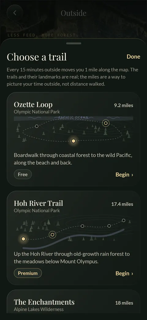 Choose a trail: Ozette Loop, Hoh River Trail, and more, each with a map.