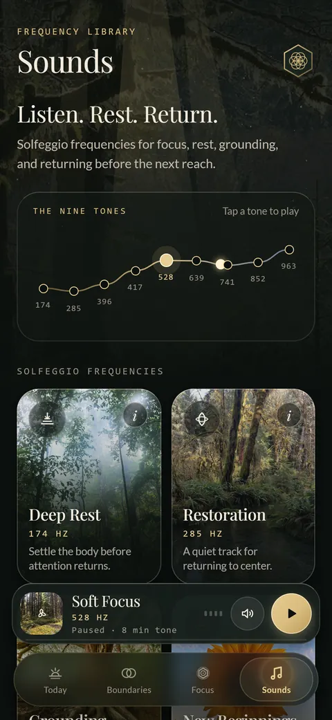 Sounds: nine solfeggio tones, each with a forest photo.