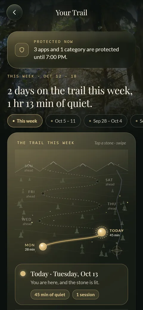 Your Trail: the week in real minutes, with no scores.